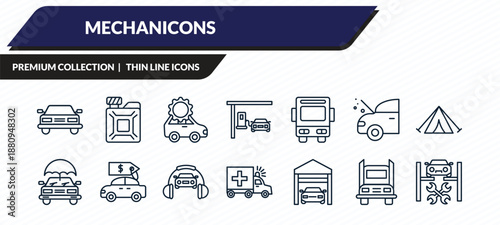 mechanicons icons set - rectangular car front, change car oil, car with cogwheels, big truck, repairing outline vector collection.