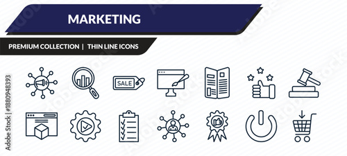 marketing icons set - viral, analyze, sale, off, buying outline vector collection.
