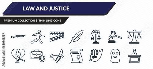 law and justice icons set - shotgun, escape, police line, balaclava, court trial outline vector collection.