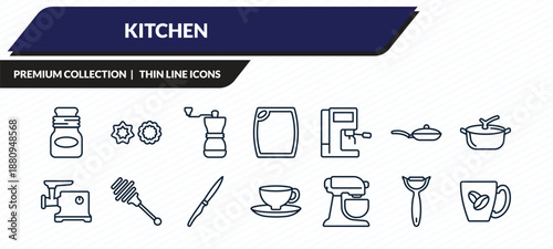 kitchen icons set - jar, cookie cutter, coffee grinder, peeler, mug outline vector collection.