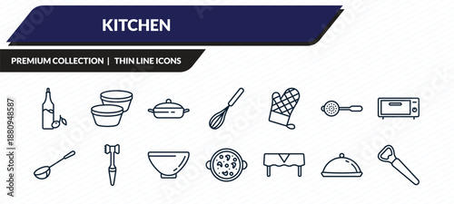 kitchen icons set - olive oil, custard cup, cooking pot, platter, bottle opener outline vector collection.