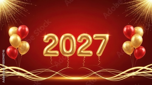 Golden 2027 balloons celebration with red background and fireworks for new years eve party greeting card design