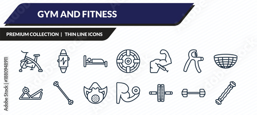 gym and fitness icons set - riding bicycle, sport watch, sleep, dumbbells exercise, sport expander outline vector collection.
