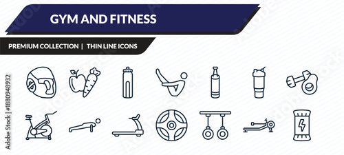 gym and fitness icons set - headgear, carrot and, hydratation, rowing hine, energy snack outline vector collection.