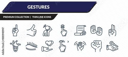 gestures icons set - finger up, thumb finger up, dubious, hand gesture, hanging over the key outline vector collection.