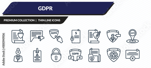 gdpr icons set - plain, complaint, finger, gear, delete outline vector collection.
