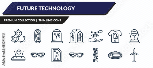 future technology icons set - nanotechnology, capsule, incubator, vr glasses, eolic energy outline vector collection.