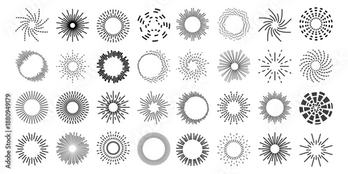 Circular sound wave icon with radial lines creating dynamic music pattern. Abstract audio equalizer design with concentric rings and burst effect on white background.