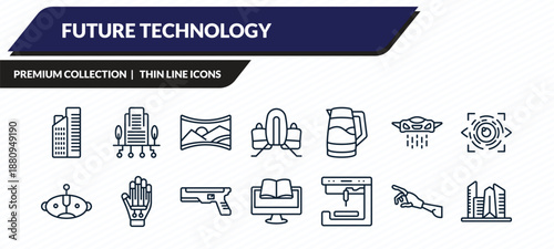 future technology icons set - residential, building, panoramic view, robot arm, cityscape outline vector collection.