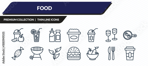 food icons set - smoothies, cold drink, condiments, knife and fork, disposable paper cup outline vector collection.