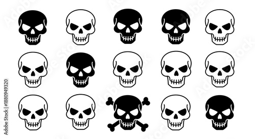 A chilling collection of stylized skull graphics, perfect for conveying danger, Halloween, or a dark aesthetic