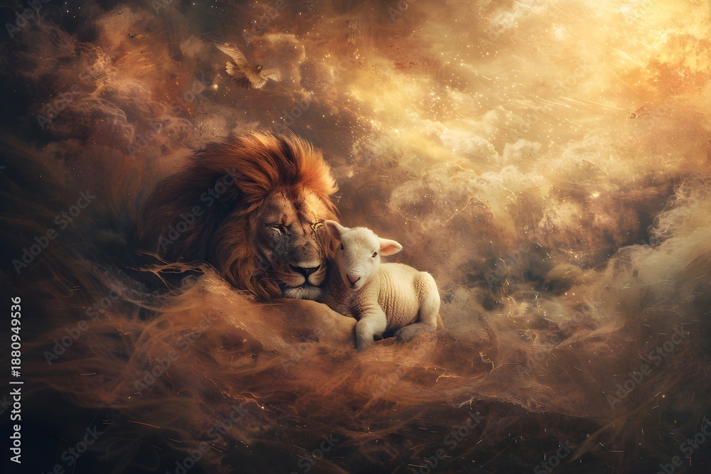 Fototapeta premium Lion and lamb sitting together symbolizing the conflict resolution and peace in Christian biblical stories. Spiritual animal concept for greeting card.