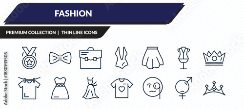 fashion icons set - medal with a star, tux, book bag, unisex, diadem outline vector collection.
