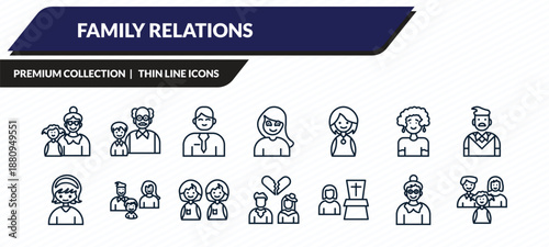 family relations icons set - grandson, granddaughter, husband, grandmother, aunt's or uncle's child outline vector collection.