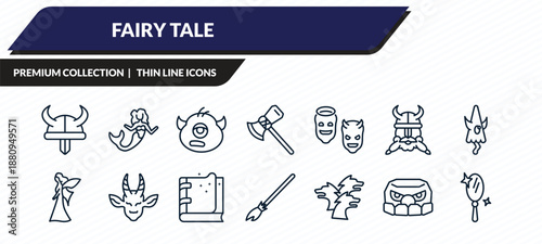 fairy tale icons set - viking, mermaid, cyclops, , enchanted mirror outline vector collection.