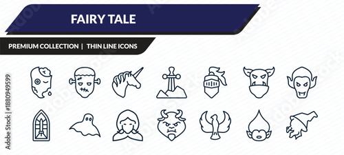 fairy tale icons set - zombie, frankenstein, unicorn, troll, witch outline vector collection.