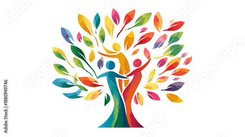 Vibrant colorful tree with abstract human figures forming the trunk and branches, symbolizing community, diversity, unity, and growth.