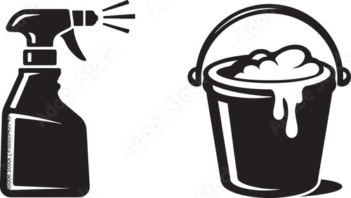 Commercial Cleaning Supplies Icons of a Spray Bottle and Soapy Water Bucket Vector