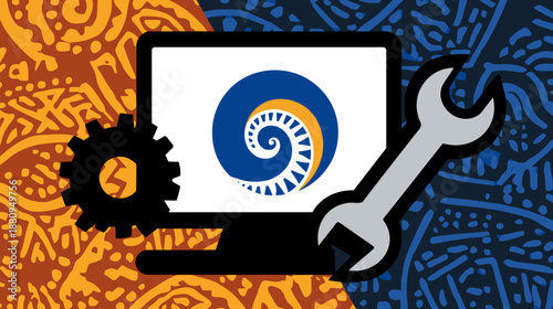 Modern technology repair service concept with computer monitor, gear, and wrench icons on abstract textured backgrounds