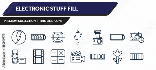 electronic stuff fill icons set - flash, charging battery, video file list, ro, full battery outline vector collection.