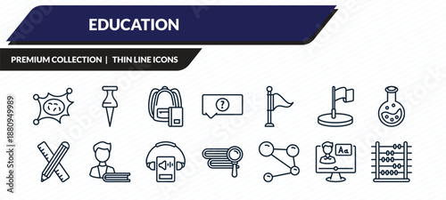 education icons set - virus, pushpin, bag of books, online class, abacus outline vector collection.