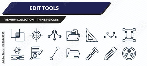 edit tools icons set - opacity, registration mark, allocation, pen edit, quark outline vector collection.