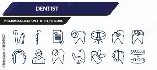 dentist icons set - toothbrushes, filler, medical prescription, apicoectomy, overdenture outline vector collection.