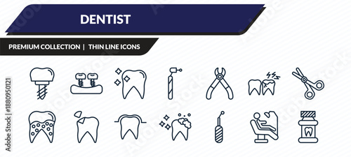 dentist icons set - implant, fake tooth, tooth whitening, examination, mouth wash outline vector collection.