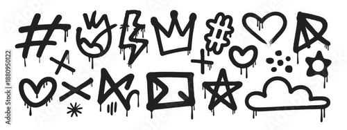 Urban graffiti spray paint element set. Street art icons with drips, splatters, and grunge texture. Set of arrow, cloud, skull, crown, star, lightning and heart. Graffiti icons with spray paint effect