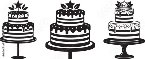 Set of three decorative tiered cakes on display stands with star toppers and foliage accents, black and white bakery celebration icons. Vector