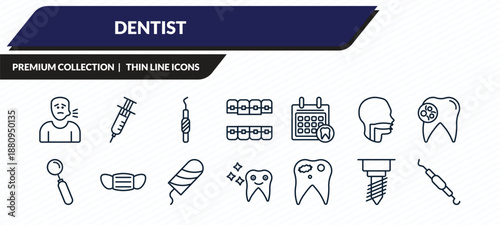 dentist icons set - sick boy, empty syringe, dental probe, implant fixture, periodontal scaler outline vector collection.