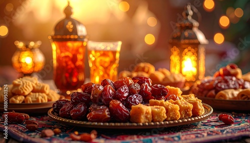Vibrant Ramadan spread with dates and traditional sweets on colorful rug