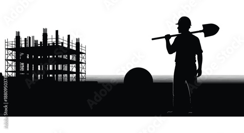 construction worker standing with shovel near building structure silhouette high quality professional detailed modern elegant stylish clean crisp vibrant colorful digital