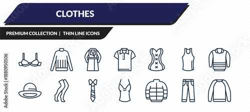 clothes icons set - bra, turtleneck, trench coat, jeans, sweatshirt outline vector collection.