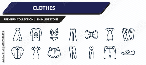 clothes icons set - long bandeau dress, t shirt with de, lingerine, chino shorts, loafer outline vector collection.