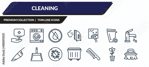 cleaning icons set - hands cleanin, washing hine cleanin, no water cleanin, rose brush outline vector collection.