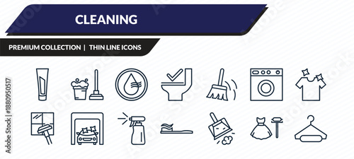 cleaning icons set - toothpaste, mop cleanin, dry, dress cleanin, hanger cleanin outline vector collection.