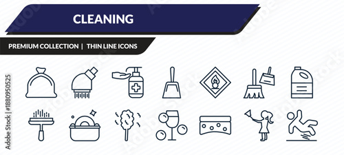 cleaning icons set - trash bag, shower head, sanitize, housekeeping, slippery outline vector collection.