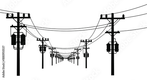 electric power transmission lines and towers in a striking silhouette high quality professional detailed modern elegant stylish clean crisp vibrant colorful