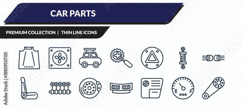 car parts icons set - car bonnet, car fan, roof, fuel gauge, camshaft outline vector collection.