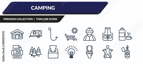 camping icons set - cabin, camper, hook, wingsuit, lighter outline vector collection.