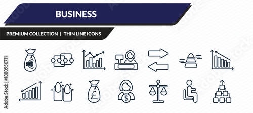 business icons set - euro money bag, points connected chart, measuring success, sitting, item connections outline vector collection.