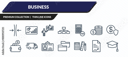 business icons set - thin, progress report, graphic panel and man, paper graphic, graduation ceremony outline vector collection.