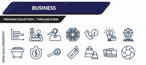 business icons set - horizontal bar chart, bank teller, professional advance, color business card, infographic elements outline vector collection.