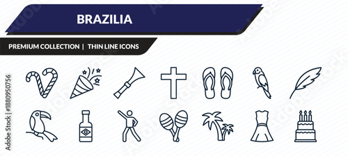 brazilia icons set - canes, confetti, vuvuzela, costume, cake outline vector collection.