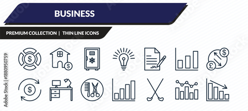 business icons set - pie chart with dollar, mortgage loan, big safe, graphs, deficit outline vector collection.