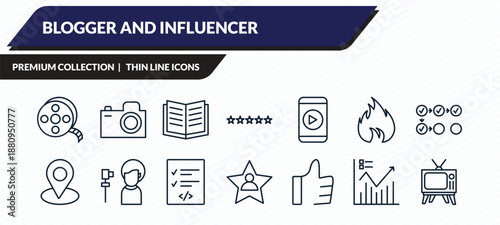 blogger and influencer icons set - film reel, camera, literature, statistics, tv outline vector collection.