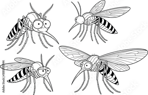 Collection of four cute cartoon mosquitoes black and white line art vector illustration isolated on white background for coloring page or pest concept.