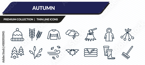 autumn icons set - winter hat, rye, sweater, rubber roots, rake outline vector collection.