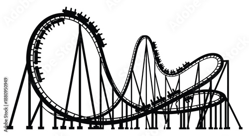 an intricate black and white illustration depicting a complex roller coaster track with ascending and descending curves a striking silhouette